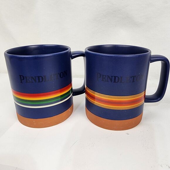 2 Blue Pendleton Woolen Mills 18oz Coffee Mugs Striped Stoneware Cups - Picture 1 of 9